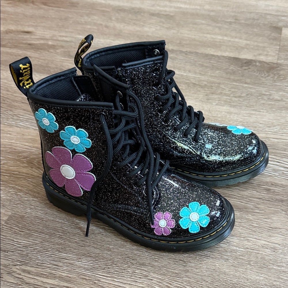 Dr. Martens Black Glitter Kids Boots with Turquoise & Purple Flower Patches